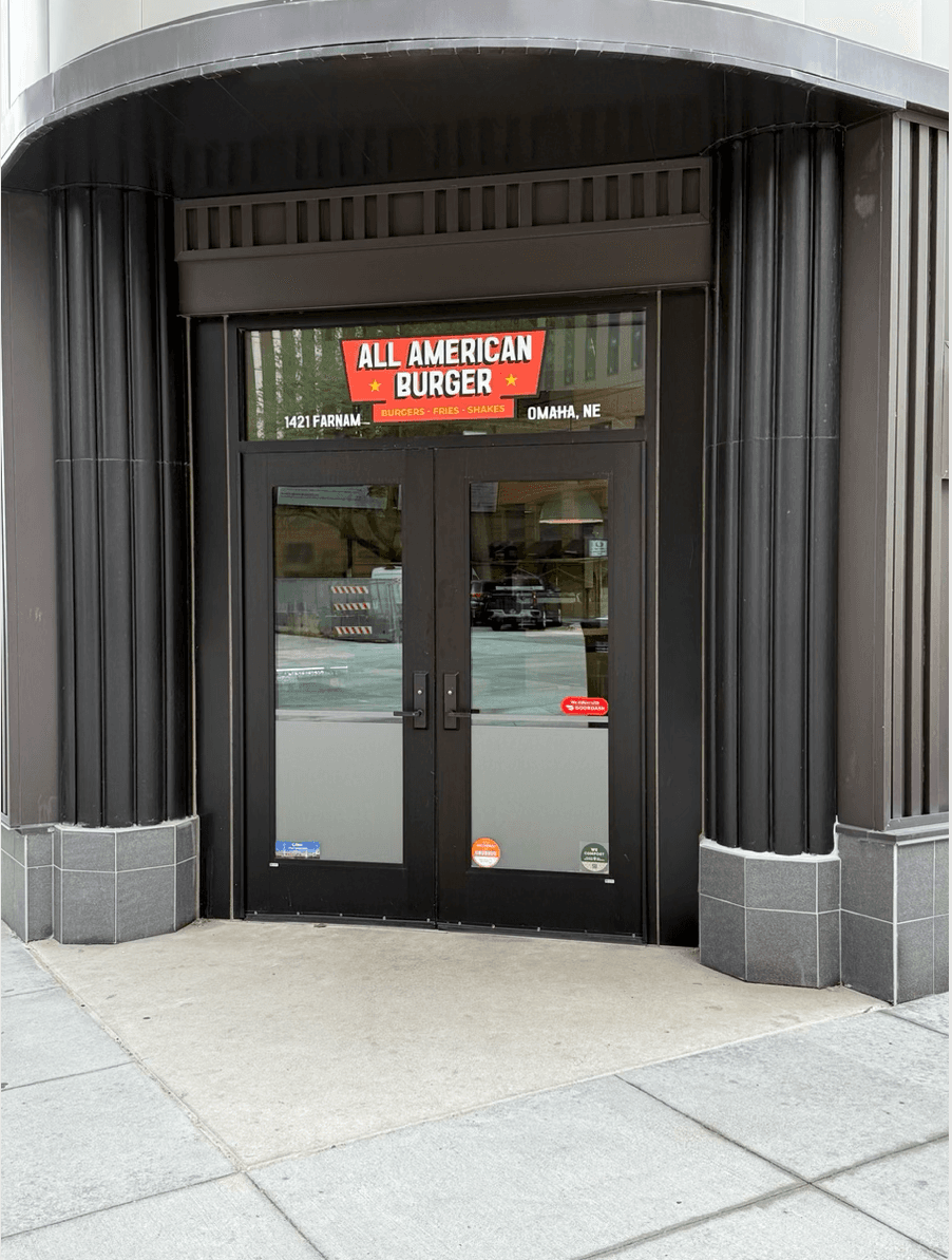 Front door of the All American Burger restaurant in Downtown Omaha